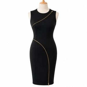 Calvin Klein Black Dress‎ Gold Zip Detail Sleeveless Midi Size 6 Bodycon LBD